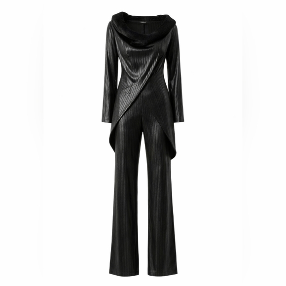 Metallic Black Coordinated Set Faux Fur Collar Made in Germany US 8 Avant Garde - Picture 3 of 5